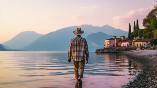 Man with purple checkered shirt short hair wearing a brimmed explorer's hat walking across lakeside in northern Italy Lake garda at sunrise.