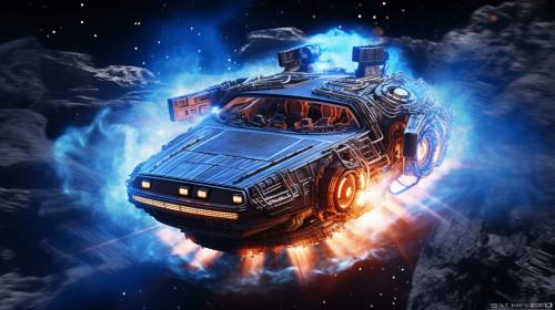 Da Rescuer's intergalactic Organic living space craft based on flight of the Navigator movie spaceship combine with Doc Browns DeLorean from Back to the future 2 flies through the middle of black hole leaving blue vapour trails behind.