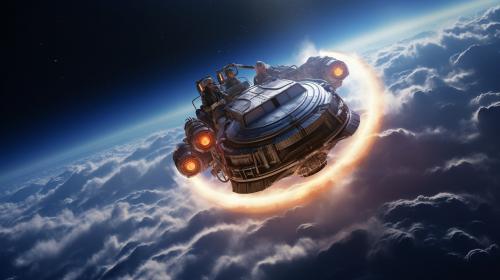 Da Rescuer's intergalactic Organic living space craft based on flight of the Navigator movie spaceship combine with Doc Browns DeLorean from Back to the future 2 flies through the middle of black hole leaving blue vapour trails behind.