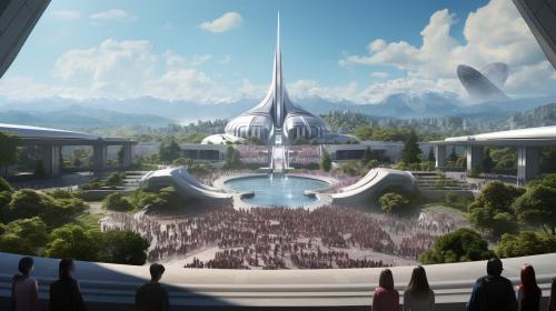 Jehovah's Witnesses gather for a outside 2023 Exercise Patience Convention at a futuristic open air arena with beautiful paradise background.