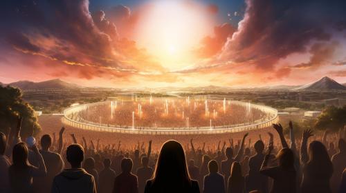 Jehovah's Witnesses gather for a outside 2023 Exercise Patience Convention at a futuristic open air arena with beautiful paradise background.