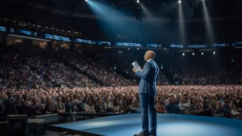 Many Jehovah's Witnesses gathered at Exercise Patience Convention, go to www.jw.org and create hybrid illustration with a main stage at front with man at rostrum in a smart suit.