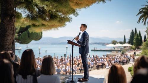 Man standing in a suit with rostrum and stand with microphone on it, many Jehovah's witnesses gathered for exercise patience 2023 convention of Jehovah's Witnesses at a outdoor venue at Lake Garda Northern Italy.