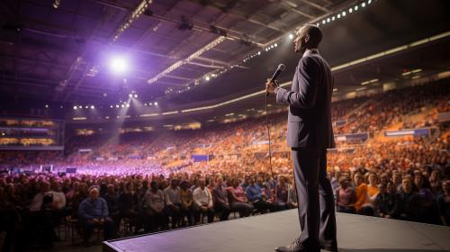 Jehovah's Witnesses Convention Exercise Patience interior of Birmingham NEC arena 2023, stage with man in suit standing in front of a rostrum with a microphone in front of him, welcoming speech to attending delegate's