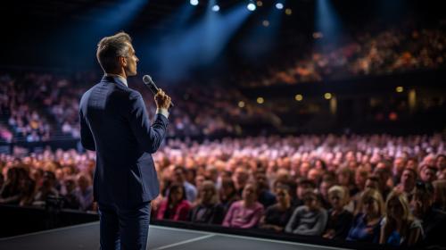 Jehovah's Witnesses Convention Exercise Patience interior of Birmingham NEC arena 2023, stage with man in suit standing in front of a rostrum with a microphone in front of him, welcoming speech to attending delegate's