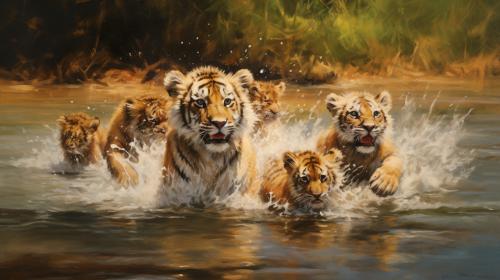 Lions and tiger cubs playing together in peace splashing through water, whilst adult lions and Tigers and bears look on.