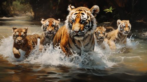 Lions and tiger cubs playing together in peace splashing through water, whilst adult lions and Tigers and bears look on.