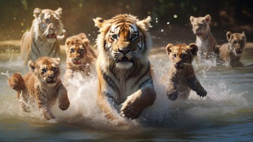 Lions and tiger cubs playing together in peace splashing through water, whilst adult lions and Tigers and bears look on.