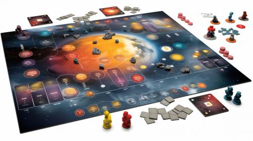 Create a Board Game layout with Earth's  Solar System as it theme with small comet and asteroids that you work together as  a team to return to The Great Scot Mothership of Da Rescuerz  from the year 2044.