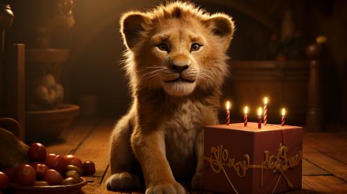 The Lion King. Simba holds a sign that says, Happy Birthday Kevin. The animals from the movie celebrate in the Background.