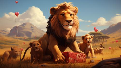 The Lion King. Simba holds a sign that says, Happy Birthday Kevin. The animals from the movie celebrate in the Background.