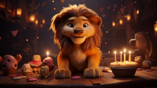 The Lion King. Simba holds a sign that says, Happy Birthday Kevin. The animals from the movie celebrate in the Background.