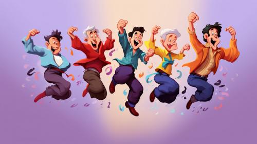 Old cartoon characters dancing jumping happy pop art