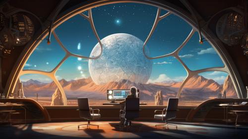 Peaceful serena stella star scape , viewed from inside The Great Scot Mothership, Doc Brown from Back to the future sits enjoying a camomile tea whilst working in his Art Deco style Science lab.