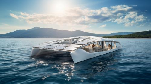 80 year old man and woman celebrating their Diamond Anniversary with family and friends on the shoreline of Lake garda in Northern Italy on a futuristic solar sailing Catamaran.