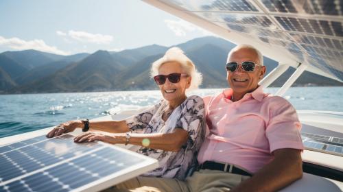 80 year old man and woman celebrating their Diamond Anniversary with family and friends on the shoreline of Lake garda in Northern Italy on a futuristic solar sailing Catamaran.