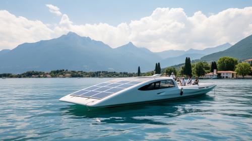 80 year old man and woman celebrating their Diamond Anniversary with family and friends on the shoreline of Lake garda in Northern Italy on a futuristic solar sailing Catamaran.