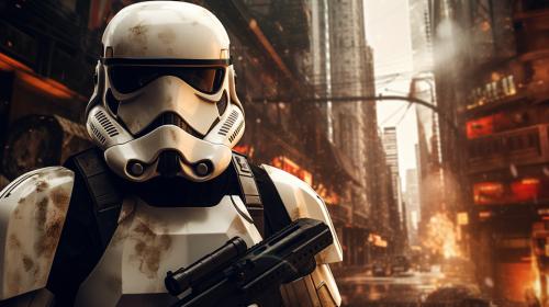 starwars stormtrooper in city futuristic