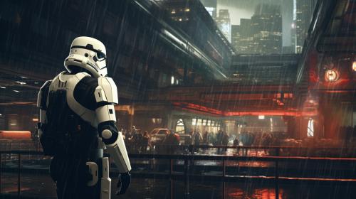 starwars stormtrooper in city futuristic