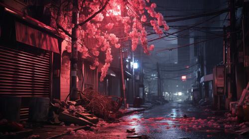 Tokyo abandoned street night blossom tree