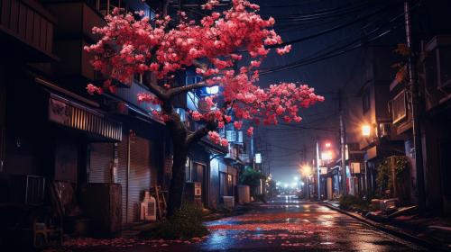 Tokyo abandoned street night blossom tree