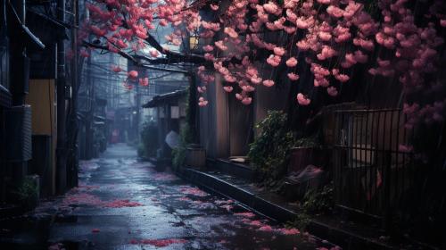 Tokyo abandoned street night blossom tree