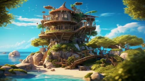 The big treehouse with spiral staircase and cargo lift. under tree is tropical sandy beach. with giant sea turtles going out to sea.