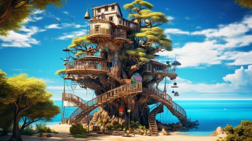 The big treehouse with spiral staircase and cargo lift. under tree is tropical sandy beach. with giant sea turtles going out to sea.