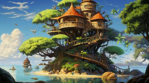 The big treehouse with spiral staircase and cargo lift. under tree is tropical sandy beach. with giant sea turtles going out to sea.