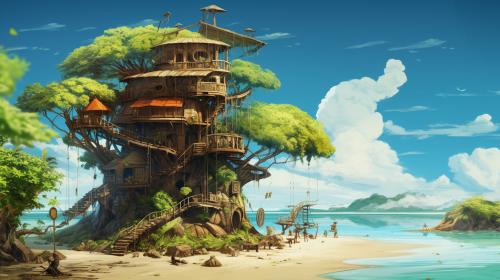 The big treehouse with spiral staircase and cargo lift. under tree is tropical sandy beach. with giant sea turtles going out to sea.