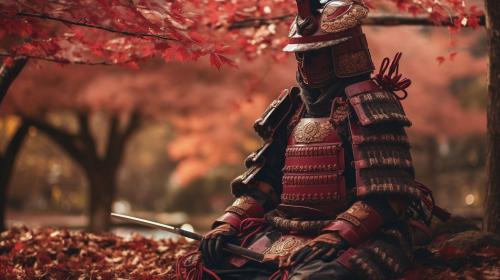 simon riley in japanese samurai armor under salkura trees on japanese land