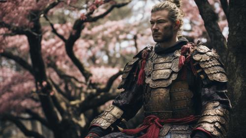 simon riley in japanese samurai armor under salkura trees on japanese land