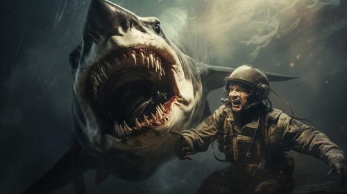 World War two paratrooper fighting a shark