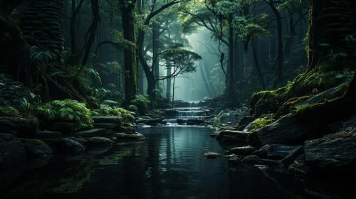 Beautiful dark and evil forest with waterfall