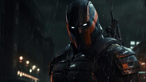 Deathstroke in dark rain city