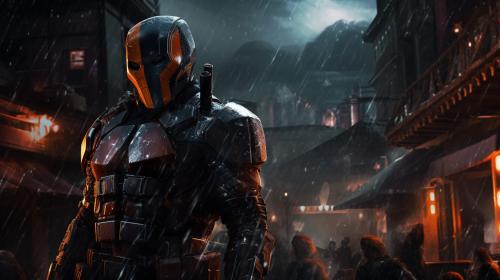 Deathstroke in dark rain city