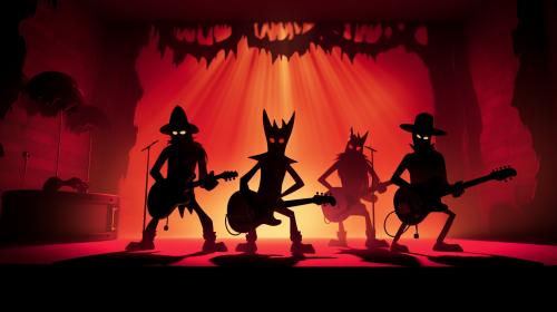 The Shadows Guitar players as BATFINK children's television cartoon playing their guitars on a futuristic stage.