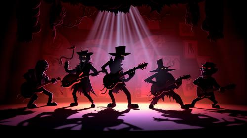 The Shadows Guitar players as BATFINK children's television cartoon playing their guitars on a futuristic stage.