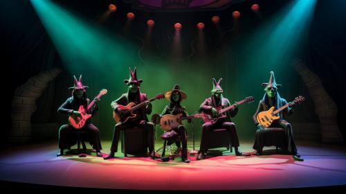 The Shadows Guitar players as BATFINK children's television cartoon playing their guitars on a futuristic stage.