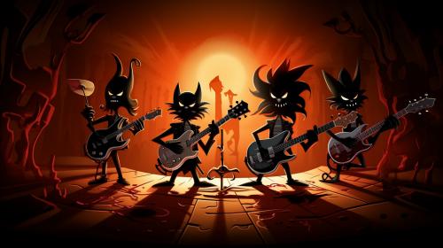 The Shadows Guitar players as BATFINK children's television cartoon playing their guitars on a futuristic stage.