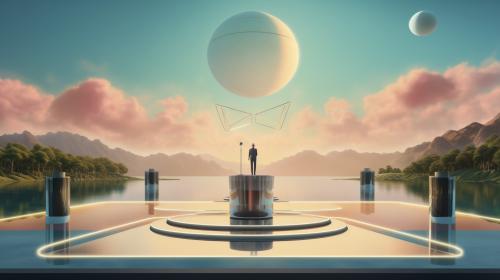 futuristic art deco style floating stage hovering over a large lake, with man in suit standing at rostrum and stand up microphone with two huge screens next to him showing a film of paradise and showing patience.