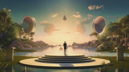 futuristic art deco style floating stage hovering over a large lake, with man in suit standing at rostrum and stand up microphone with two huge screens next to him showing a film of paradise and showing patience.