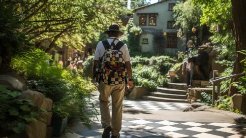 Man with checkered shirt and explorer's hat wear a futuristic backpack walking up to a Claris Cliff and Charles Renée Macintosh House, were his Wife and children await his arrival from his recent mapping mission, Man in checkered shirt being followed by Two wild Cats one being a Tiger and the other being a spotty leopard.