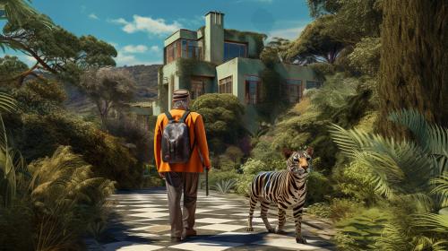 Man with checkered shirt and explorer's hat wear a futuristic backpack walking up to a Claris Cliff and Charles Renée Macintosh House, were his Wife and children await his arrival from his recent mapping mission, Man in checkered shirt being followed by Two wild Cats one being a Tiger and the other being a spotty leopard.