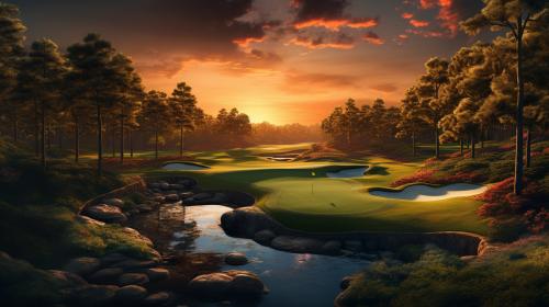 Wessi vs John par 3 augusta national golf course. Realistic, with a stream in the fairway, and a colorful sunset