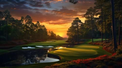 Wessi vs John par 3 augusta national golf course. Realistic, with a stream in the fairway, and a colorful sunset