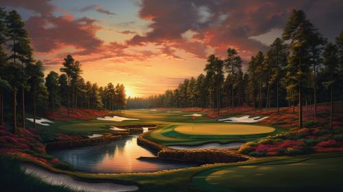 Wessi vs John par 3 augusta national golf course. Realistic, with a stream in the fairway, and a colorful sunset