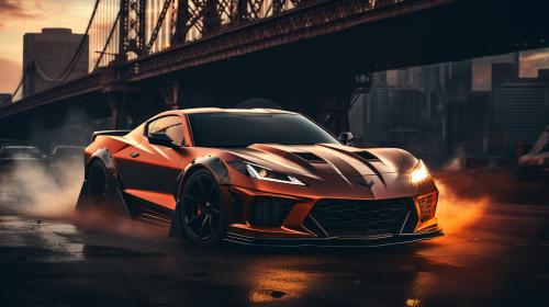 2030 Chevrolet corvette with an aggresive look doing a burnout in new york