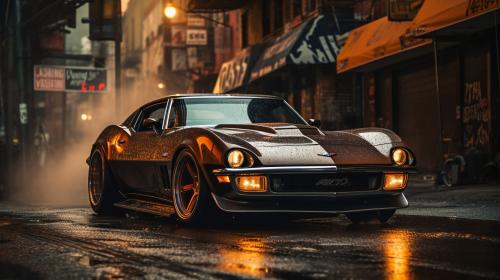 2030 Chevrolet corvette with an aggresive look doing a burnout in new york