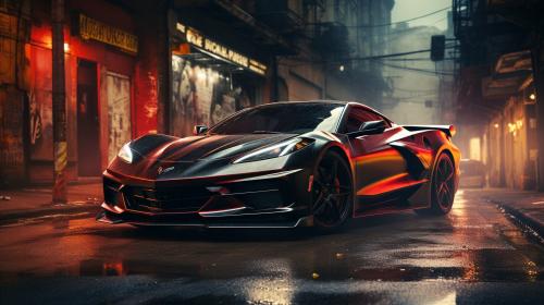 2030 Chevrolet corvette with an aggresive look doing a burnout in new york